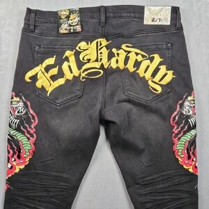 NEW Ed Hardy Stacked Boot Jeans Mens 34x38 Black Wash Denim Dragon Tattoo
